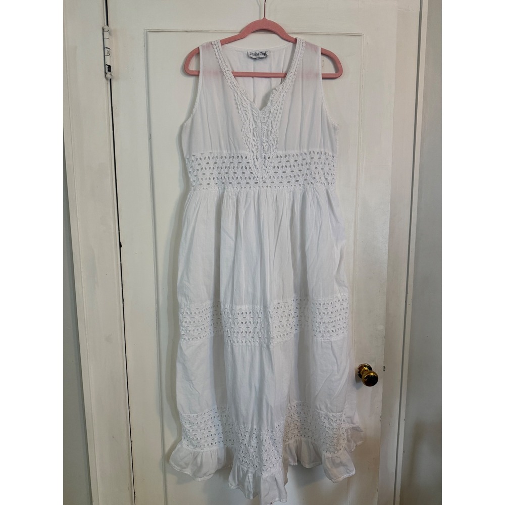 Jessica Taylor Womens White Cotton Eyelet Lace Maxi Dress Sleeveless Boho Large